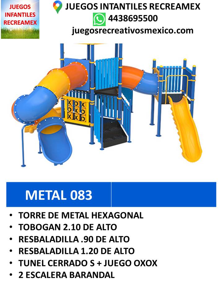 modulo de metal con resbaldilla, tobogan, escalera, torres de metal hexagonal, tunel, juego xoxo